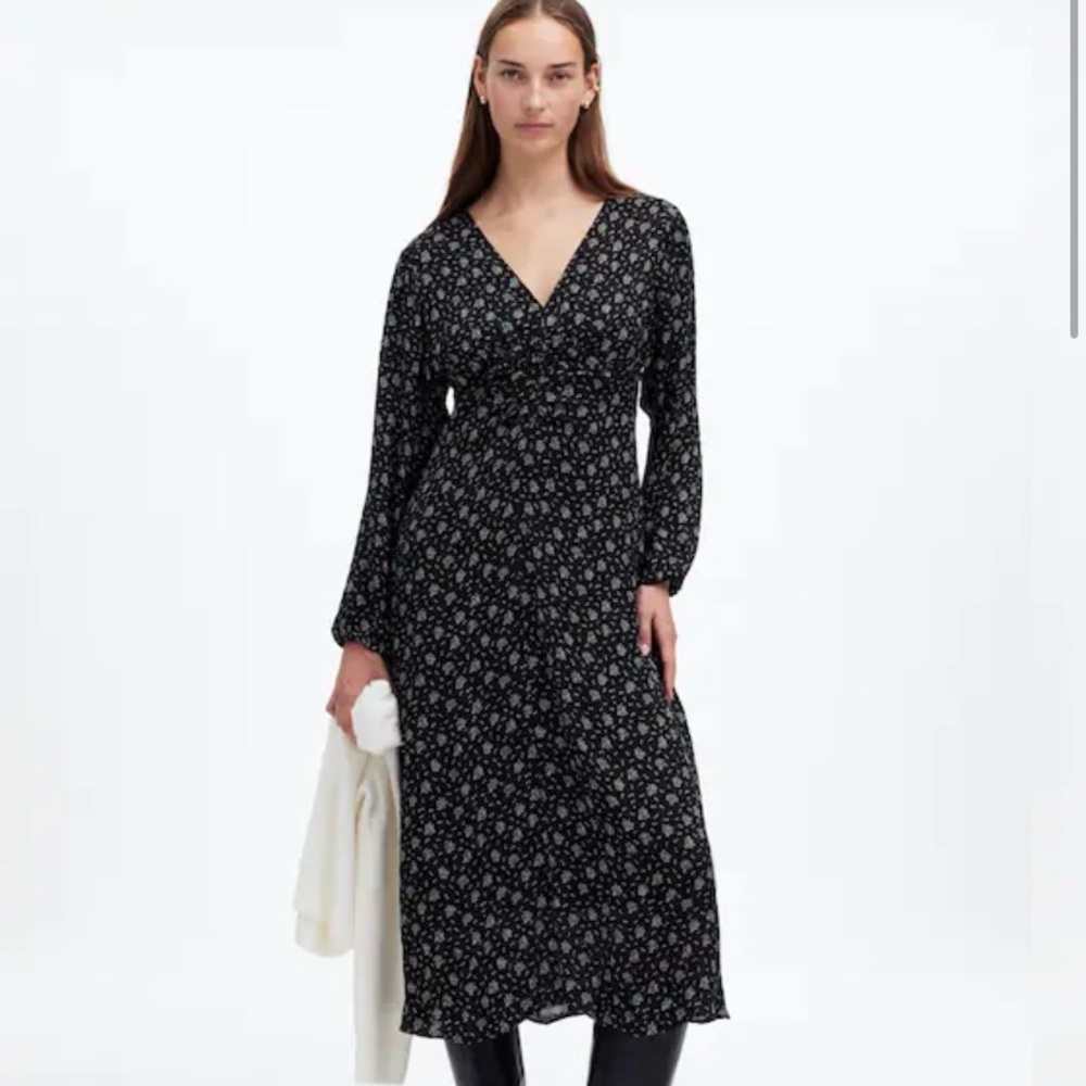 Madewell Black Floral Ruched Long Sleeve Dress